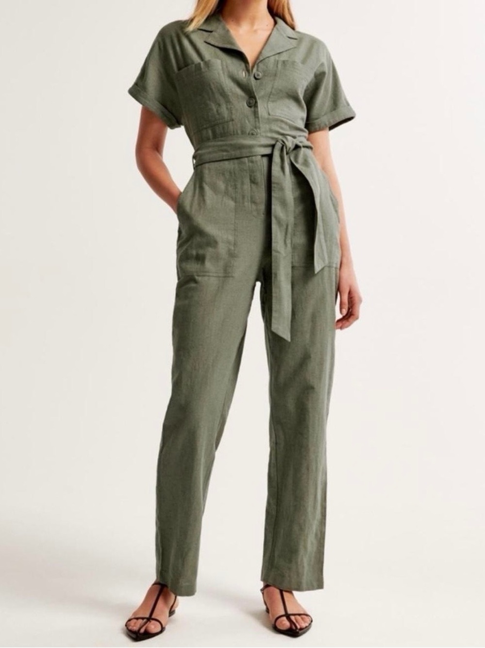 NWT Abercrombie and Fitch Linen Blend Utility Jumpsuit in Army Green